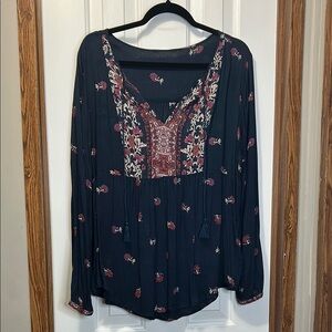 Blue Long Sleeve Embellished Blouse